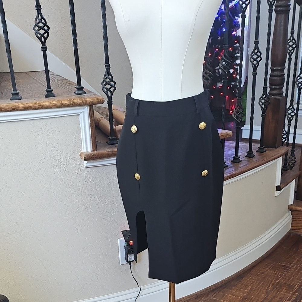 Chic Black Pencil Skirt with Gold Buttons